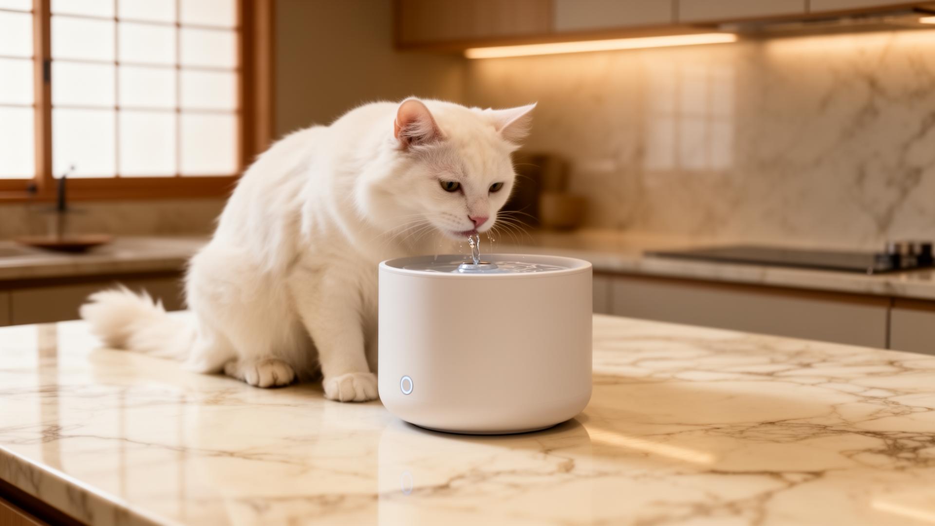 Cat drinking from KIBO smart fountain